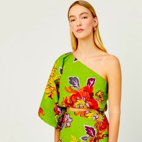 RHODE Kristie One Shoulder Puff Sleeve Top in Green Lanai Print. Size 0 NWT - Picture 2 of 8